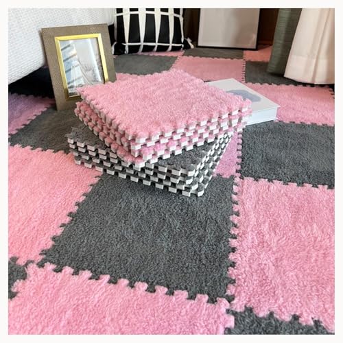 60 Stück Plüsch-Bodenmatten Aus Rutschfestem Schaumstoff for Spielzimmer Und Wohnzimmer, 30 X 30 X 1 cm, Zotteliger Ineinandergreifender Schaumstoffteppich(Pink+Gray) von NMVAWIPT