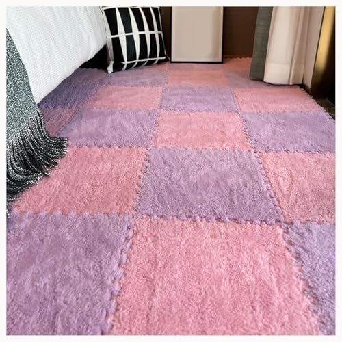60 Stück Plüsch-Bodenmatten Aus Rutschfestem Schaumstoff for Spielzimmer Und Wohnzimmer, 30 X 30 X 1 cm, Zotteliger Ineinandergreifender Schaumstoffteppich(Pink+Light Purple) von NMVAWIPT