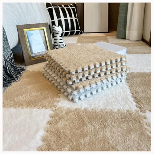 60 Stück Plüsch-Bodenmatten Aus Rutschfestem Schaumstoff for Spielzimmer Und Wohnzimmer, 30 X 30 X 1 cm, Zotteliger Ineinandergreifender Schaumstoffteppich(White+Apricot) von NMVAWIPT