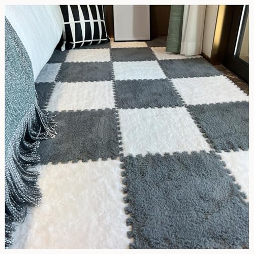 60 Stück Plüsch-Bodenmatten Aus Rutschfestem Schaumstoff for Spielzimmer Und Wohnzimmer, 30 X 30 X 1 cm, Zotteliger Ineinandergreifender Schaumstoffteppich(White+Gray) von NMVAWIPT