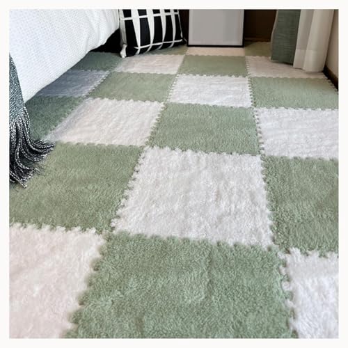 60 Stück Plüsch-Bodenmatten Aus Rutschfestem Schaumstoff for Spielzimmer Und Wohnzimmer, 30 X 30 X 1 cm, Zotteliger Ineinandergreifender Schaumstoffteppich(White+Green) von NMVAWIPT