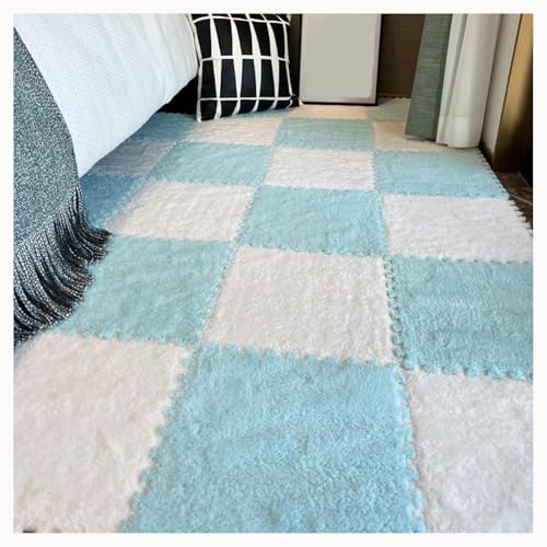 60 Stück Plüsch-Bodenmatten Aus Rutschfestem Schaumstoff for Spielzimmer Und Wohnzimmer, 30 X 30 X 1 cm, Zotteliger Ineinandergreifender Schaumstoffteppich(White+Light Blue) von NMVAWIPT
