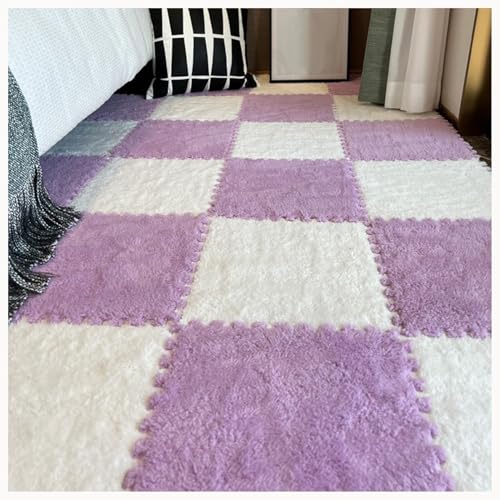 60 Stück Plüsch-Bodenmatten Aus Rutschfestem Schaumstoff for Spielzimmer Und Wohnzimmer, 30 X 30 X 1 cm, Zotteliger Ineinandergreifender Schaumstoffteppich(White+Light Purple) von NMVAWIPT