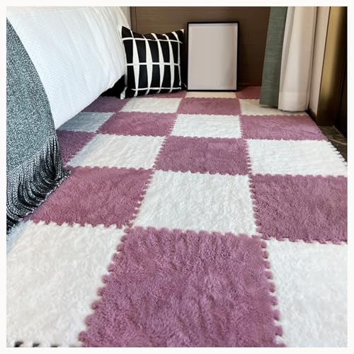 60 Stück Plüsch-Bodenmatten Aus Rutschfestem Schaumstoff for Spielzimmer Und Wohnzimmer, 30 X 30 X 1 cm, Zotteliger Ineinandergreifender Schaumstoffteppich(White+Pink Purple) von NMVAWIPT