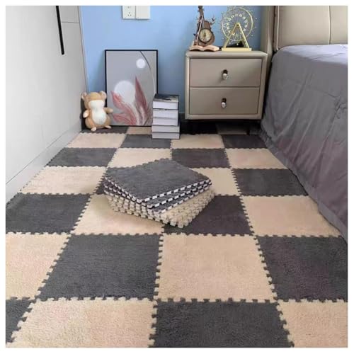 60 Stück – Plüsch-Schaumstoff-Fußmatten, 0,4 Zoll Dicke, Flauschige, Quadratische Ineinandergreifende Schaumstoff-Teppichfliesen, Puzzlematte for Bodenschutz(Light Gray+Camel) von NMVAWIPT