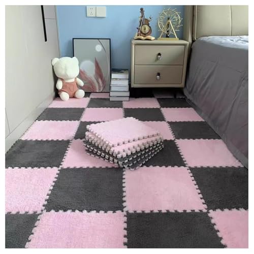 60 Stück – Plüsch-Schaumstoff-Fußmatten, 0,4 Zoll Dicke, Flauschige, Quadratische Ineinandergreifende Schaumstoff-Teppichfliesen, Puzzlematte for Bodenschutz(Light Gray+Light Pink) von NMVAWIPT