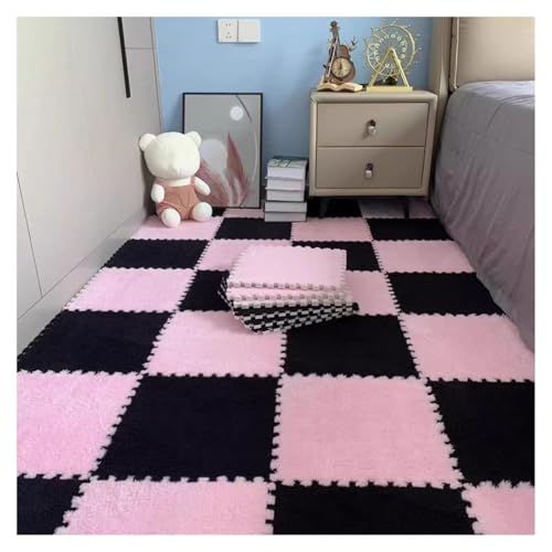 60 Stück – Plüsch-Schaumstoff-Fußmatten, 0,4 Zoll Dicke, Flauschige, Quadratische Ineinandergreifende Schaumstoff-Teppichfliesen, Puzzlematte for Bodenschutz(Light Pink+Black) von NMVAWIPT