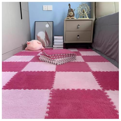 60 Stück – Plüsch-Schaumstoff-Fußmatten, 0,4 Zoll Dicke, Flauschige, Quadratische Ineinandergreifende Schaumstoff-Teppichfliesen, Puzzlematte for Bodenschutz(Rose Red+Light Pink) von NMVAWIPT