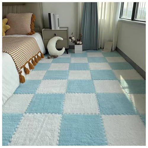60 Stück – Plüsch-Schaumstoff-Fußmatten, 0,4 Zoll Dicke, Flauschige, Quadratische Ineinandergreifende Schaumstoff-Teppichfliesen, Puzzlematte for Bodenschutz(Sky Blue+White) von NMVAWIPT