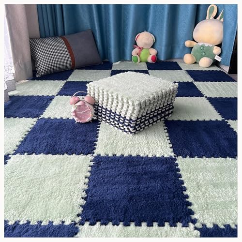 60 X 60 X 1 cm, Flauschiger Puzzle-Spielteppich for Wohnzimmer, Schlafzimmer, 12 Stück Bodenmattenfliesen Aus Plüschschaum, Ineinander Greifende Teppichfliesen(Navy Blue+Green) von NMVAWIPT