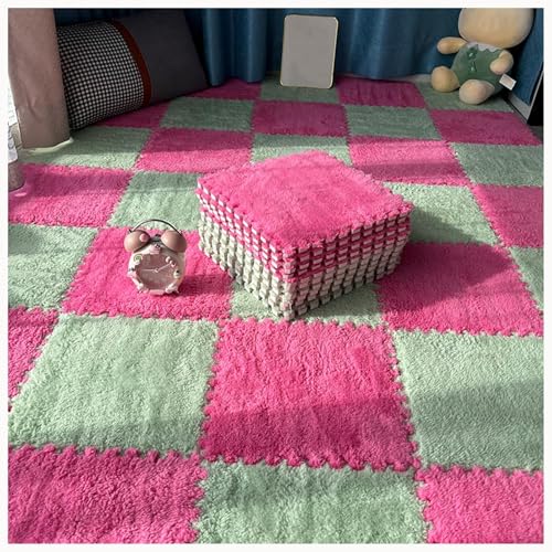 60 X 60 X 1 cm, Flauschiger Puzzle-Spielteppich for Wohnzimmer, Schlafzimmer, 12 Stück Bodenmattenfliesen Aus Plüschschaum, Ineinander Greifende Teppichfliesen(Rose Red+Green) von NMVAWIPT