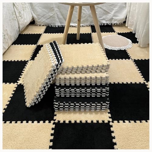 60-teiliges Plüsch-Puzzle, Quadratische Schaumstoff-Bodenmatte Mit Rand, Dicke 0,4-Zoll-Fliesen, Zottelige Ineinandergreifende Schaumstoff-Teppichfliesen(Black+Apricot) von NMVAWIPT