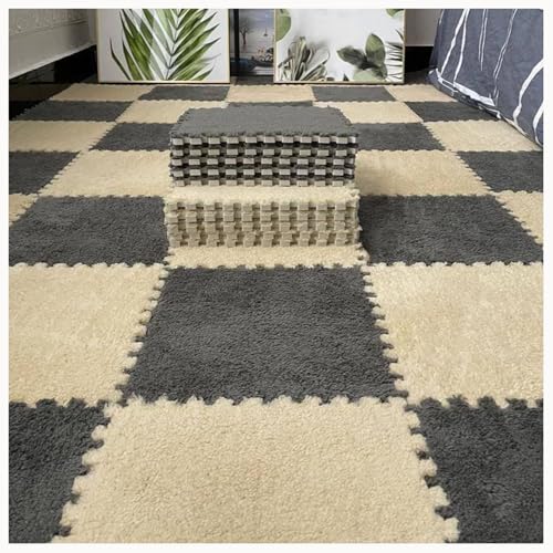 60-teiliges Rutschfestes Puzzle-Teppichmatten, for Flauschige Ineinander Greifende Bodenfliesen, Quadratische Plüschschaummatte, Waschbares Wohnzimmerschlafzimmer(Gray+Apricot) von NMVAWIPT
