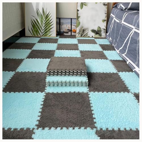 60-teiliges Rutschfestes Puzzle-Teppichmatten, for Flauschige Ineinander Greifende Bodenfliesen, Quadratische Plüschschaummatte, Waschbares Wohnzimmerschlafzimmer(Gray+Blue) von NMVAWIPT