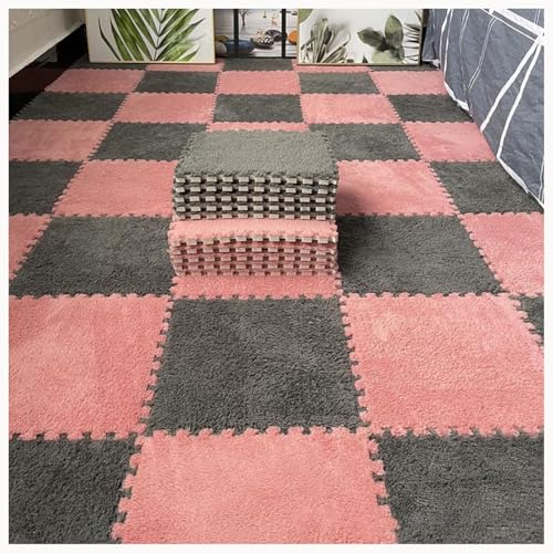 60-teiliges Rutschfestes Puzzle-Teppichmatten, for Flauschige Ineinander Greifende Bodenfliesen, Quadratische Plüschschaummatte, Waschbares Wohnzimmerschlafzimmer(Gray+Light Red) von NMVAWIPT