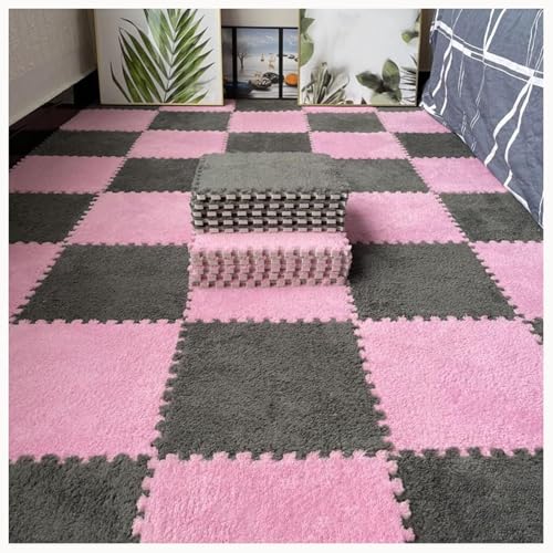 60-teiliges Rutschfestes Puzzle-Teppichmatten, for Flauschige Ineinander Greifende Bodenfliesen, Quadratische Plüschschaummatte, Waschbares Wohnzimmerschlafzimmer(Gray+Pink) von NMVAWIPT