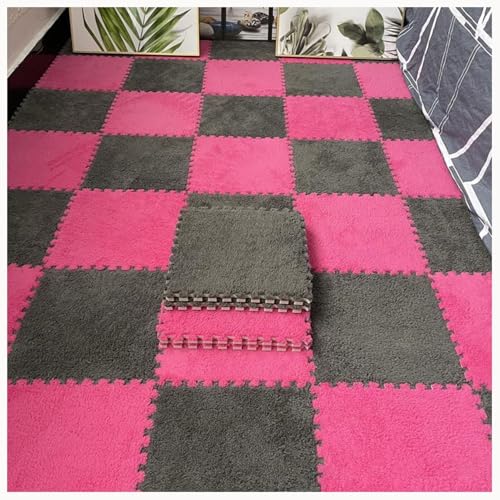 60-teiliges Rutschfestes Puzzle-Teppichmatten, for Flauschige Ineinander Greifende Bodenfliesen, Quadratische Plüschschaummatte, Waschbares Wohnzimmerschlafzimmer(Gray+Rose Red) von NMVAWIPT