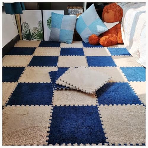 60-teiliges Rutschfestes Puzzle-Teppichmatten, for Flauschige Ineinander Greifende Bodenfliesen, Quadratische Plüschschaummatte, Waschbares Wohnzimmerschlafzimmer(Navy Blue+Apricot) von NMVAWIPT