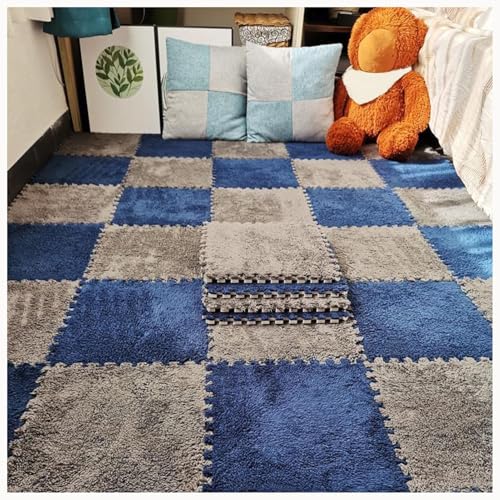60-teiliges Rutschfestes Puzzle-Teppichmatten, for Flauschige Ineinander Greifende Bodenfliesen, Quadratische Plüschschaummatte, Waschbares Wohnzimmerschlafzimmer(Navy Blue+Gray) von NMVAWIPT
