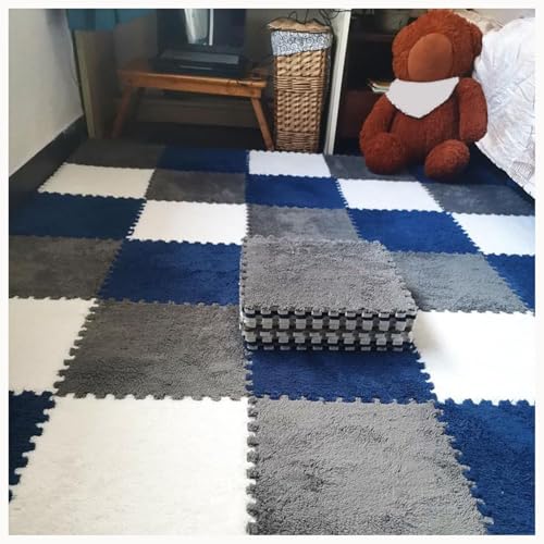 60-teiliges Rutschfestes Puzzle-Teppichmatten, for Flauschige Ineinander Greifende Bodenfliesen, Quadratische Plüschschaummatte, Waschbares Wohnzimmerschlafzimmer(Navy Blue+Gray+White) von NMVAWIPT