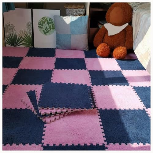 60-teiliges Rutschfestes Puzzle-Teppichmatten, for Flauschige Ineinander Greifende Bodenfliesen, Quadratische Plüschschaummatte, Waschbares Wohnzimmerschlafzimmer(Navy Blue+Pink) von NMVAWIPT