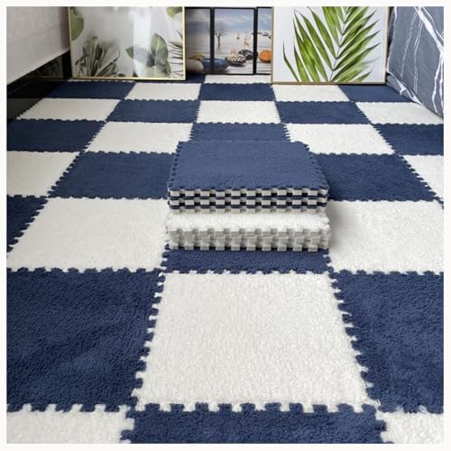 60-teiliges Rutschfestes Puzzle-Teppichmatten, for Flauschige Ineinander Greifende Bodenfliesen, Quadratische Plüschschaummatte, Waschbares Wohnzimmerschlafzimmer(Navy Blue+White) von NMVAWIPT