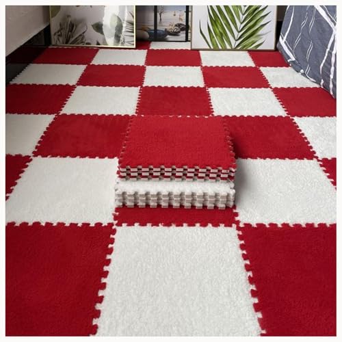 60-teiliges Rutschfestes Puzzle-Teppichmatten, for Flauschige Ineinander Greifende Bodenfliesen, Quadratische Plüschschaummatte, Waschbares Wohnzimmerschlafzimmer(White+Red) von NMVAWIPT