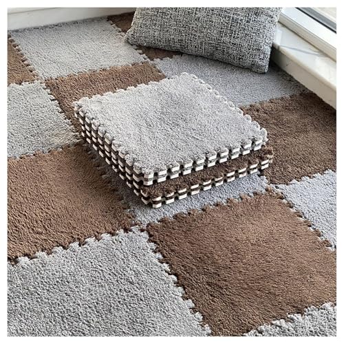 8 Ineinander Greifende Teppichfliesen, 30 cm Quadratische Bodenfliesenmatte Aus Plüschschaum, Dicke, Flauschige Teppiche, Puzzle-Spielmatte(Gray+Dark Brown,0.6cm) von NMVAWIPT