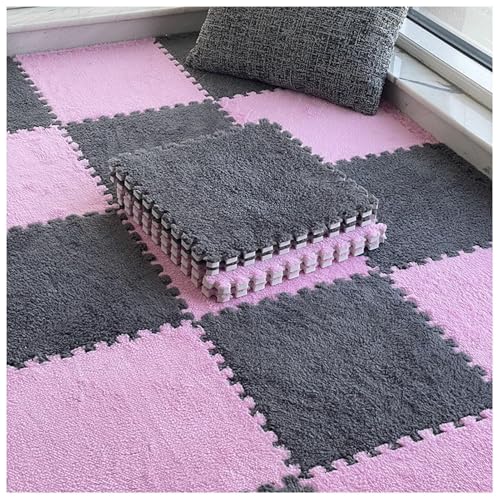 8 Ineinander Greifende Teppichfliesen, 30 cm Quadratische Bodenfliesenmatte Aus Plüschschaum, Dicke, Flauschige Teppiche, Puzzle-Spielmatte(Gray+Pink,0.6cm) von NMVAWIPT