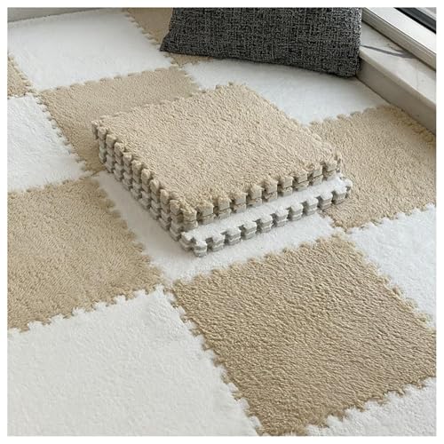 8 Ineinander Greifende Teppichfliesen, 30 cm Quadratische Bodenfliesenmatte Aus Plüschschaum, Dicke, Flauschige Teppiche, Puzzle-Spielmatte(Light Brown+White,0.6cm) von NMVAWIPT