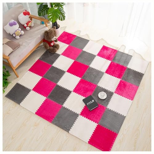 9 Ineinander Greifende Schaumstoff-Teppichfliesen for Schlafzimmer, 12 X 12 Zoll Plüsch-Puzzle-Teppich-Spielmatte for Den Kletterbereich, Bodenmattenfliesen(Rose Red+Gray+White) von NMVAWIPT