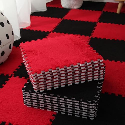 9 Stück 8,74 M² Große Quadratische Puzzle-Bodenmatte Aus Plüschschaum, Modulare, rutschfeste Spielbereichsteppiche, 30,5 X 30,5 X 1,1 cm(Black+red) von NMVAWIPT