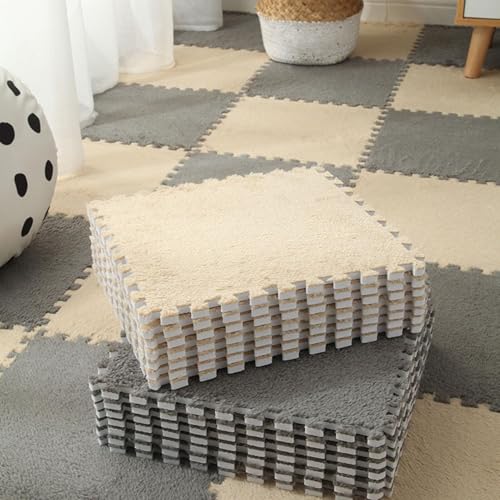 9 Stück 8,74 M² Große Quadratische Puzzle-Bodenmatte Aus Plüschschaum, Modulare, rutschfeste Spielbereichsteppiche, 30,5 X 30,5 X 1,1 cm(Gray+Apricot) von NMVAWIPT