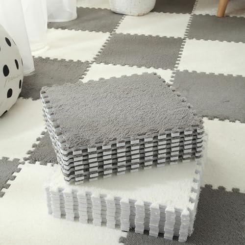 9 Stück 8,74 M² Große Quadratische Puzzle-Bodenmatte Aus Plüschschaum, Modulare, rutschfeste Spielbereichsteppiche, 30,5 X 30,5 X 1,1 cm(Gray+White) von NMVAWIPT