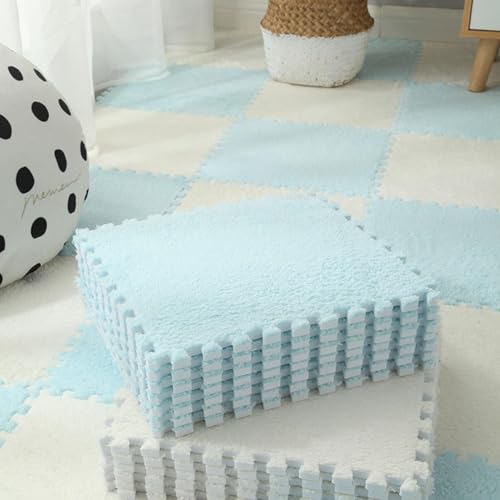 9 Stück 8,74 M² Große Quadratische Puzzle-Bodenmatte Aus Plüschschaum, Modulare, rutschfeste Spielbereichsteppiche, 30,5 X 30,5 X 1,1 cm(Light Blue+White) von NMVAWIPT