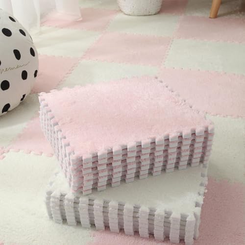 9 Stück 8,74 M² Große Quadratische Puzzle-Bodenmatte Aus Plüschschaum, Modulare, rutschfeste Spielbereichsteppiche, 30,5 X 30,5 X 1,1 cm(White+pink) von NMVAWIPT