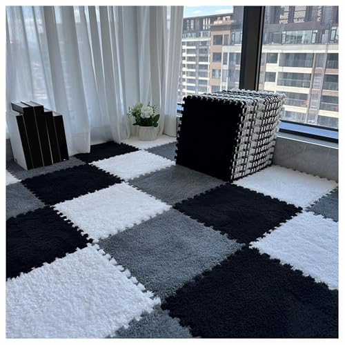 9 Stück Ineinander Greifende Plüsch-Teppichfliesen for Schlafzimmer, Quadratischer 30 X 30 cm Schaumstoff-Puzzle-Teppich, Spielmatte for Den Bodenbelag Aus Eva-Schaum(White+Black+Grey) von NMVAWIPT