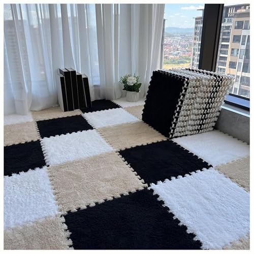 9 Stück Ineinander Greifende Plüsch-Teppichfliesen for Schlafzimmer, Quadratischer 30 X 30 cm Schaumstoff-Puzzle-Teppich, Spielmatte for Den Bodenbelag Aus Eva-Schaum(White+Black+Light Coffee) von NMVAWIPT