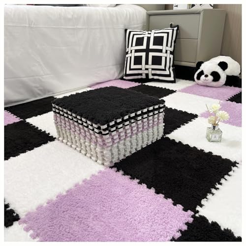 9 Stück Ineinander Greifende Plüsch-Teppichfliesen for Schlafzimmer, Quadratischer 30 X 30 cm Schaumstoff-Puzzle-Teppich, Spielmatte for Den Bodenbelag Aus Eva-Schaum(White+Purple+Black) von NMVAWIPT