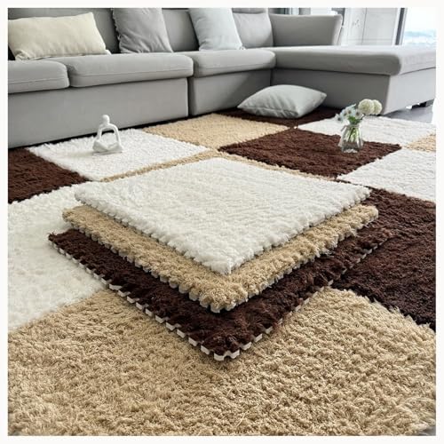 9 Stück Ineinander Greifende Teppichfliesen Aus Plüschschaumstoff Aus Eva, 24 X 24 Zoll Dick, 0,4 Zoll Flauschige Puzzle-Bodenmatte, rutschfest(Dark Brown+Light Brown+White) von NMVAWIPT