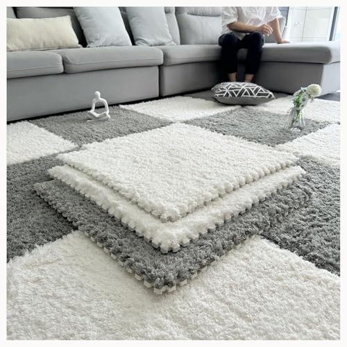 9 Stück Ineinander Greifende Teppichfliesen Aus Plüschschaumstoff Aus Eva, 24 X 24 Zoll Dick, 0,4 Zoll Flauschige Puzzle-Bodenmatte, rutschfest(Gray+White) von NMVAWIPT