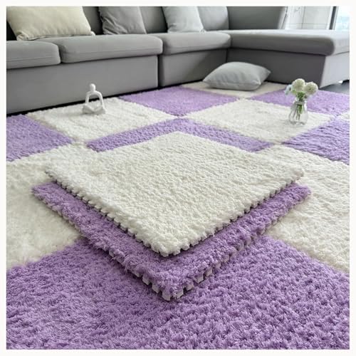 9 Stück Ineinander Greifende Teppichfliesen Aus Plüschschaumstoff Aus Eva, 24 X 24 Zoll Dick, 0,4 Zoll Flauschige Puzzle-Bodenmatte, rutschfest(Light Purple+White) von NMVAWIPT