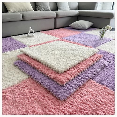 9 Stück Ineinander Greifende Teppichfliesen Aus Plüschschaumstoff Aus Eva, 24 X 24 Zoll Dick, 0,4 Zoll Flauschige Puzzle-Bodenmatte, rutschfest(Pink+White) von NMVAWIPT