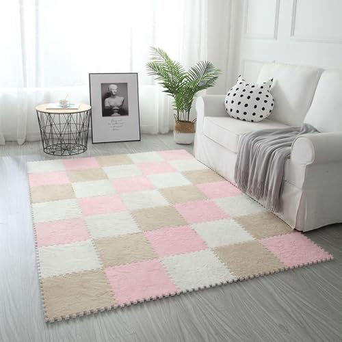 9-teilige Ineinander Greifende Bodenmatte Mit Kanten, 30 X 30 X 1 cm Dicke Quadratische Schaumstofffliesen, Puzzle-Spielmatte Aus Plüschschaum(White+Apricot+Pink) von NMVAWIPT