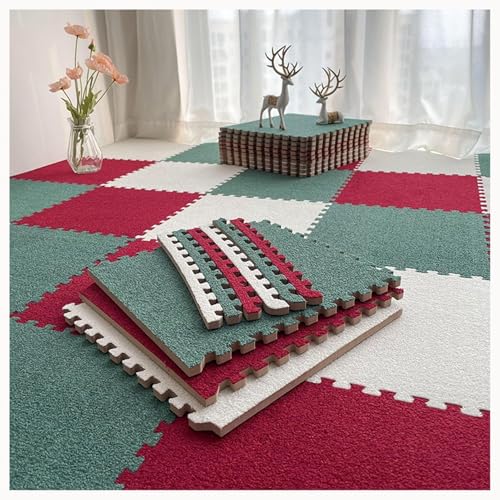 9-teiliger Ineinander Greifender Teppich Mit Rand, 24 X 24 Zoll Große Quadratische Bodenmattenfliesen Aus Plüschpuzzle Aus Schaumstoff, 0,4 Zoll Dickes(Dark Green+Red+White) von NMVAWIPT