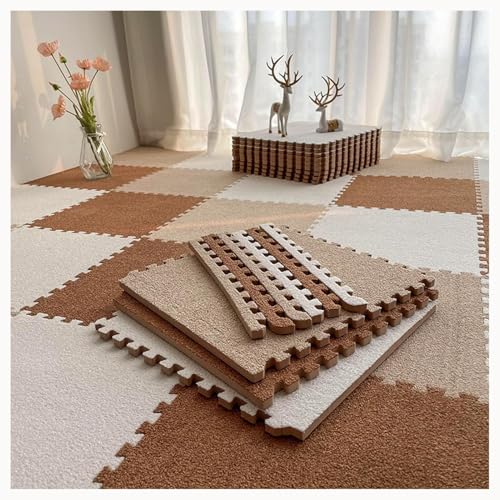 9-teiliger Ineinander Greifender Teppich Mit Rand, 24 X 24 Zoll Große Quadratische Bodenmattenfliesen Aus Plüschpuzzle Aus Schaumstoff, 0,4 Zoll Dickes(Light Brown+White) von NMVAWIPT