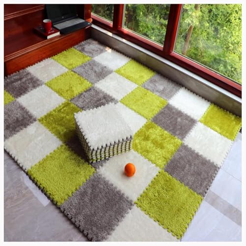 NMVAWIPT 10 Stück Plüsch-Bodenmatten Aus Rutschfestem Schaumstoff, 24 X 24 Zoll Große, Quadratische Ineinandergreifende Teppichfliesen, Dicke 0,4 Zoll Puzzlematten(Green+White+Gray) von NMVAWIPT