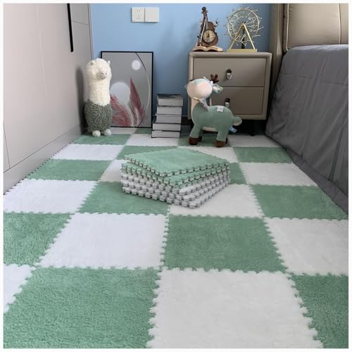 NMVAWIPT 10 Stück Plüsch-Puzzle-Bodenmatten Aus Eva-Schaum, 24 X 24 Zoll Flauschige Ineinandergreifende Schaumstoff-Teppichfliesen, Dicke, rutschfeste Trainingsmatte(Green+White) von NMVAWIPT