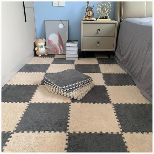 NMVAWIPT 10 Stück Plüsch-Puzzle-Bodenmatten Aus Eva-Schaum, 24 X 24 Zoll Flauschige Ineinandergreifende Schaumstoff-Teppichfliesen, Dicke, rutschfeste Trainingsmatte(Light Brown+Gray) von NMVAWIPT
