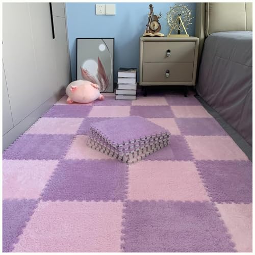 NMVAWIPT 10 Stück Plüsch-Puzzle-Bodenmatten Aus Eva-Schaum, 24 X 24 Zoll Flauschige Ineinandergreifende Schaumstoff-Teppichfliesen, Dicke, rutschfeste Trainingsmatte(Light Purple+Pink) von NMVAWIPT